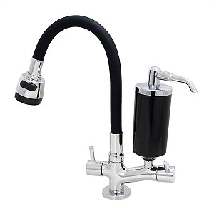 Torneira de Cozinha de Mesa Preto Com Filtro Blindado Preto Cone Gourmet Bica de Inox Flexível
