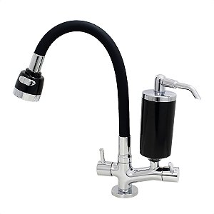 Torneira de Cozinha de Mesa Preto Com Filtro Blindado Preto Cone Gourmet Bica de Inox Flexível