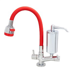 Torneira de Cozinha de Mesa Vermelho Com Filtro Blindado Cromado Cone Gourmet Bica de Inox Flexível