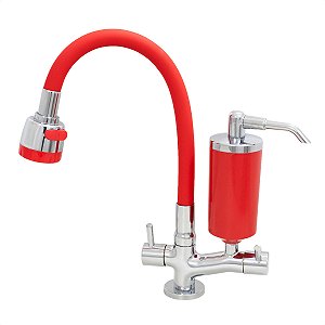 Torneira de Cozinha de Mesa Vermelho Com Filtro Blindado Vermelho Cone Gourmet Bica de Inox Flexível