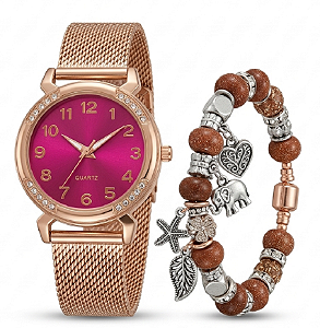 Relógio Feminino Quartz + Pulseira de Brinde