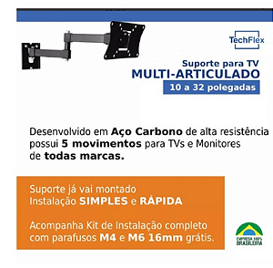 Suporte TV Articulado Longo Preto Ajuste Fácil para TVs 15” a 32”