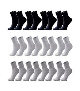 Kit 12 Pares Meias 3 cores Brancas Cinzas e Pretas Cano Alto Longo Sport Algodão