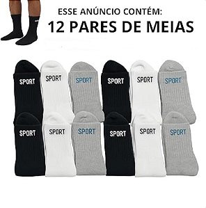 Kit 12 Pares Meias 3 Cores Cano Alto Longo Sport Algodão