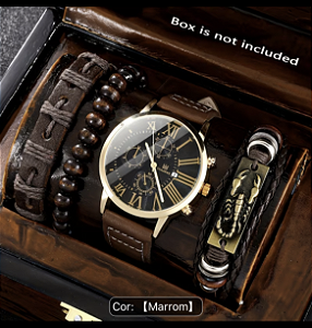 Relógio Masculino Shaarms Couro Marrom + Kit De Pulseiras