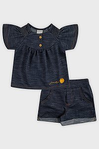 Conjunto Infantil Menina em Moletinho Rajado Marinho