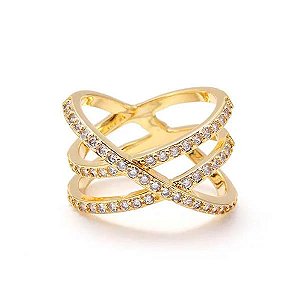 Anel 3 Fios Cravejados Cruzados Folheado a Ouro 18K