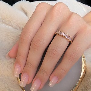 Anel 5 Corações Zircônias Rosas Folheado a Ouro 18K