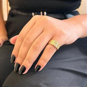 Anel Aliança Cruz Cravejada Em Relevo Oração Pai Nosso Folheado a Ouro 18K