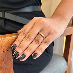 Anel Aliança Dois Fios Cravejados Médio E Um Fio Liso Meio Folheado a Ouro 18K