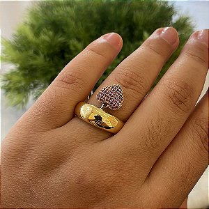 Anel Aliança Pingente Coração Rosa Cravejado Folheado a Ouro 18K