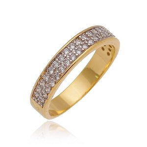 Anel Aparador Duplo Fio Cravejado Com Borda Lisa Folheado a Ouro 18K