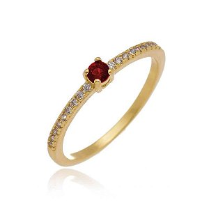 Anel Aparador E Solitário Vermelho Folheado a Ouro 18K