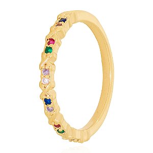 Anel Aparador Zircônias Rainbow E Detalhes Em X Folheado a Ouro 18K