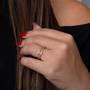 Anel Aro Duplo Bolinhas Dois Corações Alinhados Folheado a Ouro 18K