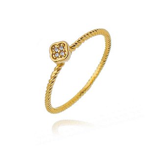 Anel Aro Torcido Florzinha Com Zircônias Folheado a Ouro 18K