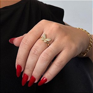 Anel Borboleta Cravejada Folheado a Ouro 18K