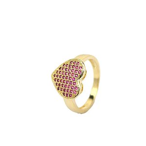 Anel Coração Pavê Rosa Folheado a Ouro 18K