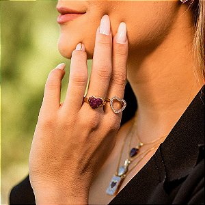 Anel Coração Pavê Rosa Grande Folheado a Ouro 18K