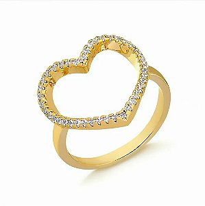 Anel Coração Vazado Borda Cravejada Grande Folheado a Ouro 18K