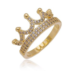 Anel Coroa Cravejado Base Dupla 5 Pontas Folheado a Ouro 18K