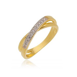 Anel Dois Fios Trançados Liso E Cravejado Folheado a Ouro 18K