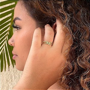 Anel Fio Duplo Bolinhas Dois Corações Paralelos Folheado a Ouro 18K