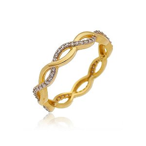 Anel Fio Liso E Fio Cravejado Entrelaçado Folheado a Ouro 18K
