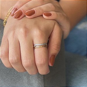 Anel Fio Liso E Fio Ondulado Cravejado Folheado a Ouro 18K