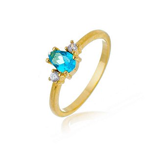Anel Gota Aquamarine E Duas Zircônias Lateral Folheado a Ouro 18K