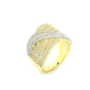 Anel Grosso Fios Cravejados Trançado Folheado a Ouro 18K