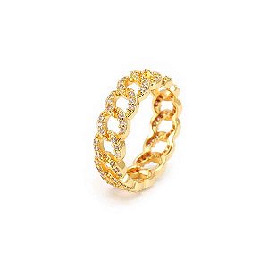 Anel Inteiro Corrente Cravejado Folheado a Ouro 18K