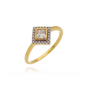 Anel Losango Zircônia Com Borda Cravejada Folheado a Ouro 18K