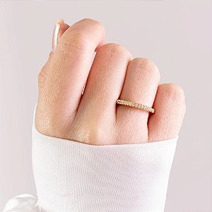 Anel Meia Aliança Aparador Zircônias Fio Alto Folheado a Ouro 18K