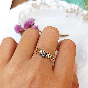 Anel Nossa Senhora Corações E Zircônias Folheado a Ouro 18K