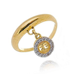 Anel Pingente Medalha Fé Com Borda Cravejado Folheado a Ouro 18K