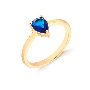Anel Zircônia Gota Azul Folheado a Ouro 18K