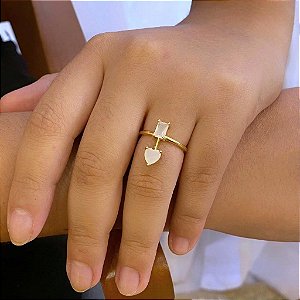 Anel Zircônia Leitosa Branca Retângulo E Coração Folheado a Ouro 18K