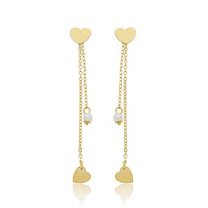 Argola Coração 2 Fios Pingente Coração E Pérola Folheado a Ouro 18K