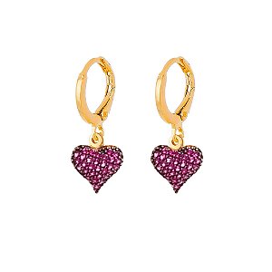 Argola Pingente Coração Cravejado Rosa Folheado a Ouro 18K