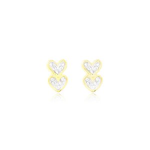 Brinco 2 Corações Cravejado Folheado a Ouro 18K