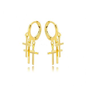 Brinco Argola 3 Cruzes M Folheado a Ouro 18K
