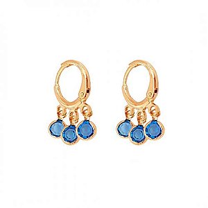 Brinco Argola 3 Zircônias Azuis Pequeno Folheado a Ouro 18K