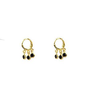 Brinco Argola 3 Zircônias Médio Preto Folheado a Ouro 18K