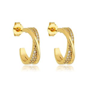 Brinco Argola Aberta Fio Liso E Cravejado Em X Folheado a Ouro 18K