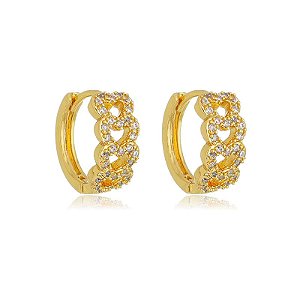 Brinco Argola Corações Vazados Cravejados Folheado a Ouro 18K