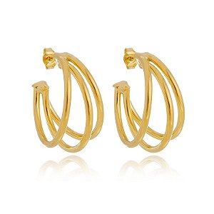 Brinco Argola Média 3 Fios Lisos Folheado a Ouro 18K