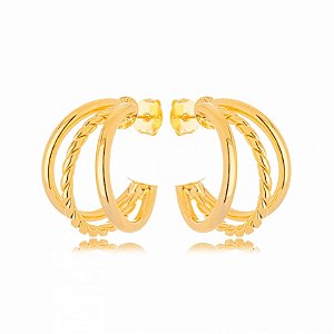 Brinco Argola Média 3 Fios Lisos E Enroscado Folheado a Ouro 18K