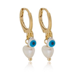 Brinco Argola Pérola Coração E Olho Grego Folheado a Ouro 18K