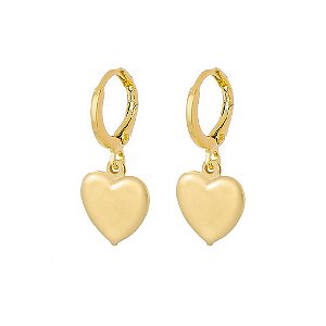 Brinco Argola Pingente Coração Abaulado Grande Folheado a Ouro 18K
